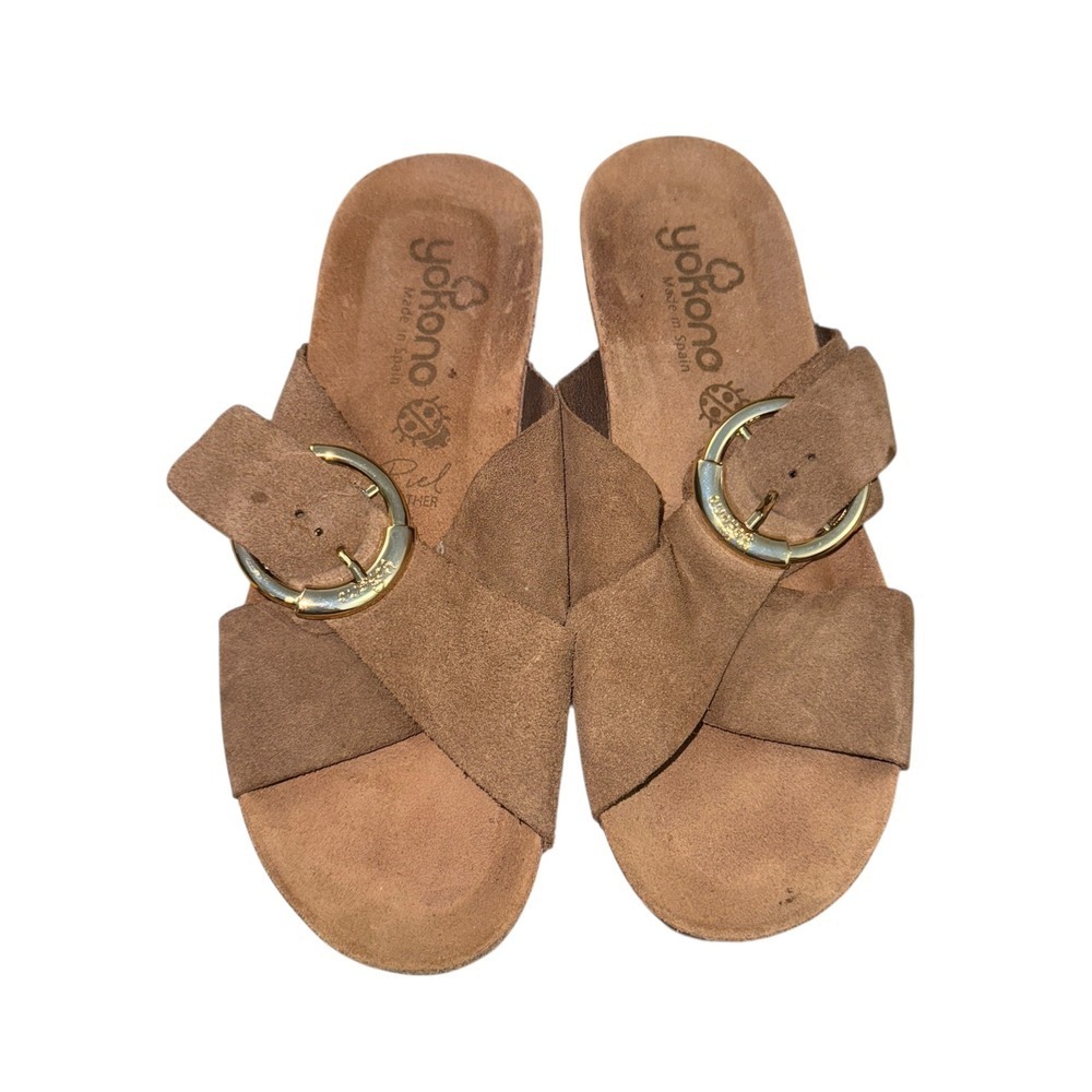 Yokono Brown/Tan Suede Womens 6.5 Pre-Owned Cork Crossover Strap Buckle Sandals